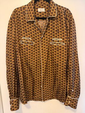 Bally Brown & Black Geometric Silk Shirt with White Piping